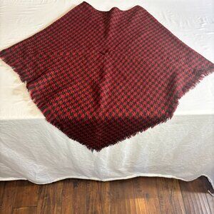 Red and Black Herringbone Patterned Fringe Poncho